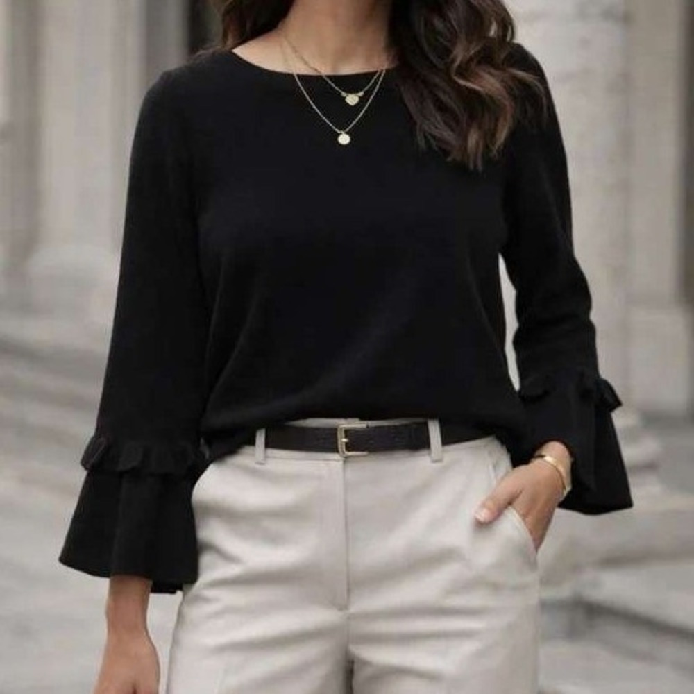 Charter Club Luxury 100% Cashmere Sweater Womens‎ M Black Ruffle Bell Sleeve